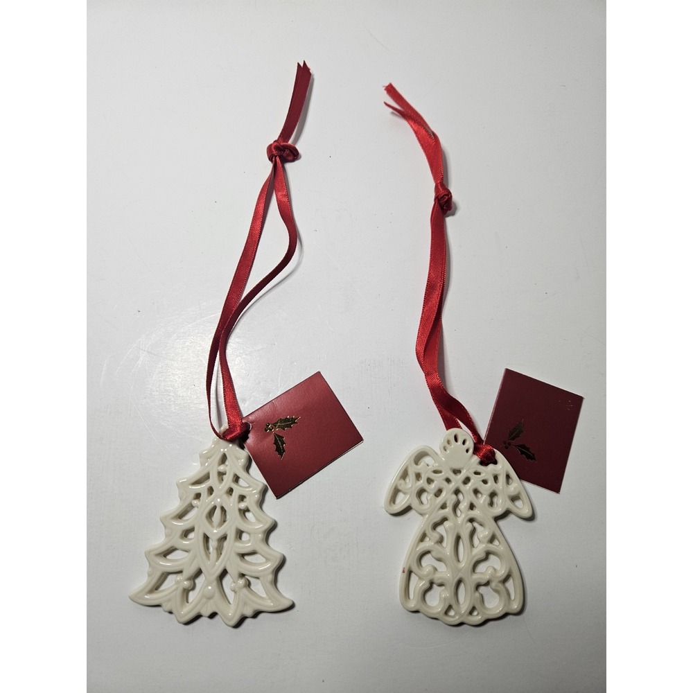 Lenox Pierced Ivory Porcelain Christmas Ornament Set Tree and Angel Red Ribbon